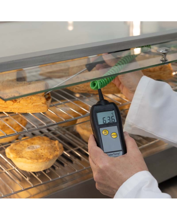 ETI Termometer CaterTemp® för givare termoelement typ K. Inklusive givare. Lämpad för catering av livsmedel. Mätområde -50 till 300°C. Kalibreringscertifikat ingår