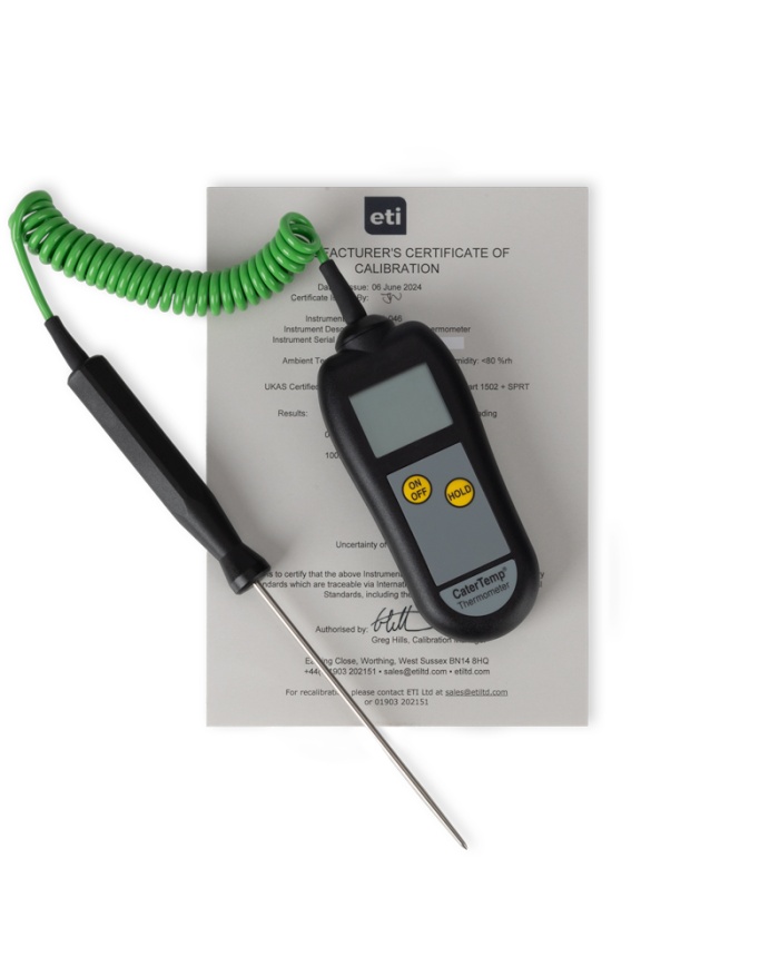 ETI Termometer CaterTemp® för givare termoelement typ K. Inklusive givare. Lämpad för catering av livsmedel. Mätområde -50 till 300°C. Kalibreringscertifikat ingår