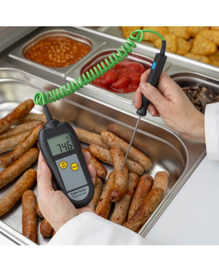 ETI Termometer CaterTemp® för givare termoelement typ K. Inklusive givare. Lämpad för catering av livsmedel. Mätområde -50 till 300°C. Kalibreringscertifikat ingår
