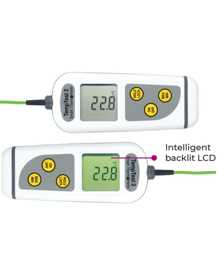ETI Termometer TempTest® 2. Inklusive fast insticksgivare Ø3.3 x 100mm med kabel. Displayen auto-roterar för enkel avläsning. IP67. Mätområde -50 till 300°C. Med kalibreringscertifikat och bärväska.