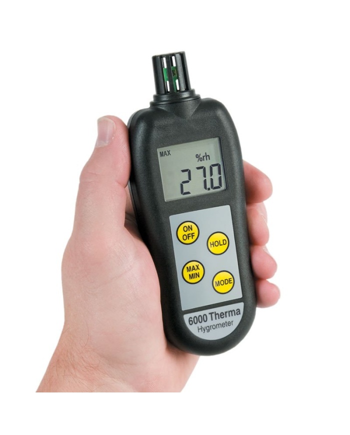 ETI Hygrometer %RH modell 6000. Visning antingen 0 till 100% RH, upplösning 0,1% RH eller temperatur -20 till 50°C. Mäter även daggpunkt. inbyggd givare