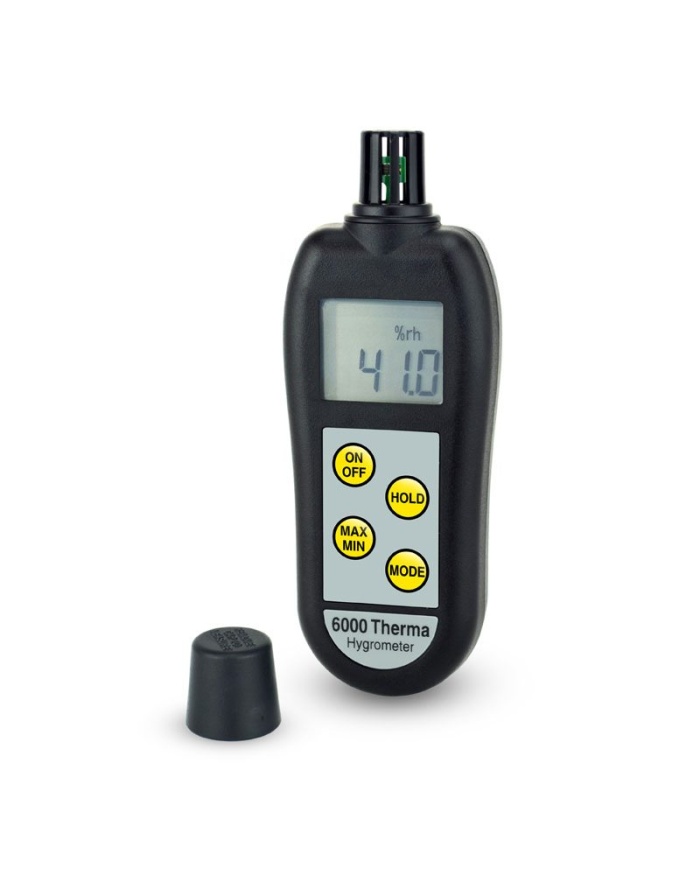 ETI Hygrometer %RH modell 6000. Visning antingen 0 till 100% RH, upplösning 0,1% RH eller temperatur -20 till 50°C. Mäter även daggpunkt. inbyggd givare