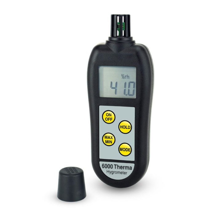 ETI Hygrometer %RH modell 6000. Visning antingen 0 till 100% RH, upplösning 0,1% RH eller temperatur -20 till 50°C. Mäter även daggpunkt. inbyggd givare