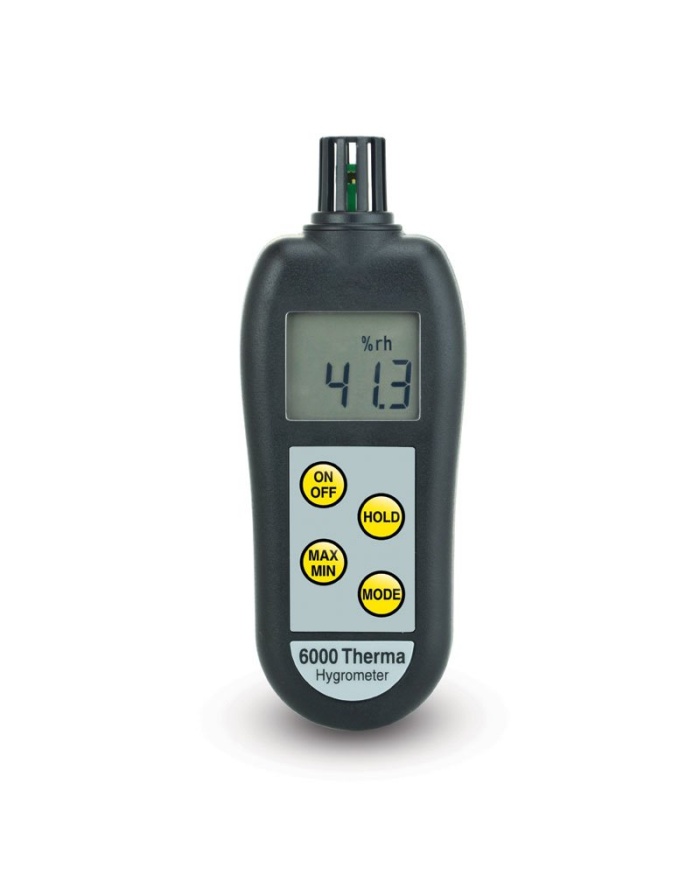 ETI Hygrometer %RH modell 6000. Visning antingen 0 till 100% RH, upplösning 0,1% RH eller temperatur -20 till 50°C. Mäter även daggpunkt. inbyggd givare