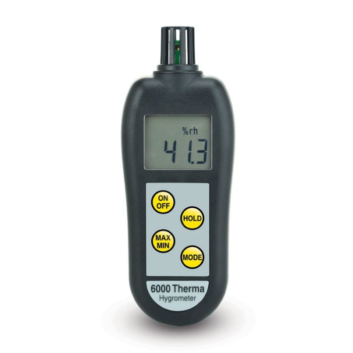 ETI Hygrometer %RH modell 6000. Visning antingen 0 till 100% RH, upplösning 0,1% RH eller temperatur -20 till 50°C. Mäter även daggpunkt. inbyggd givare