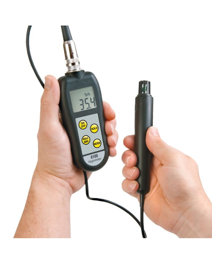 ETI Hygrometer %RH modell 6100. Visning antingen 0 till 100% RH, upplösning 0.1% RH eller temperatur -20 till 70°C. Mäter även daggpunkt. Givare på kabel