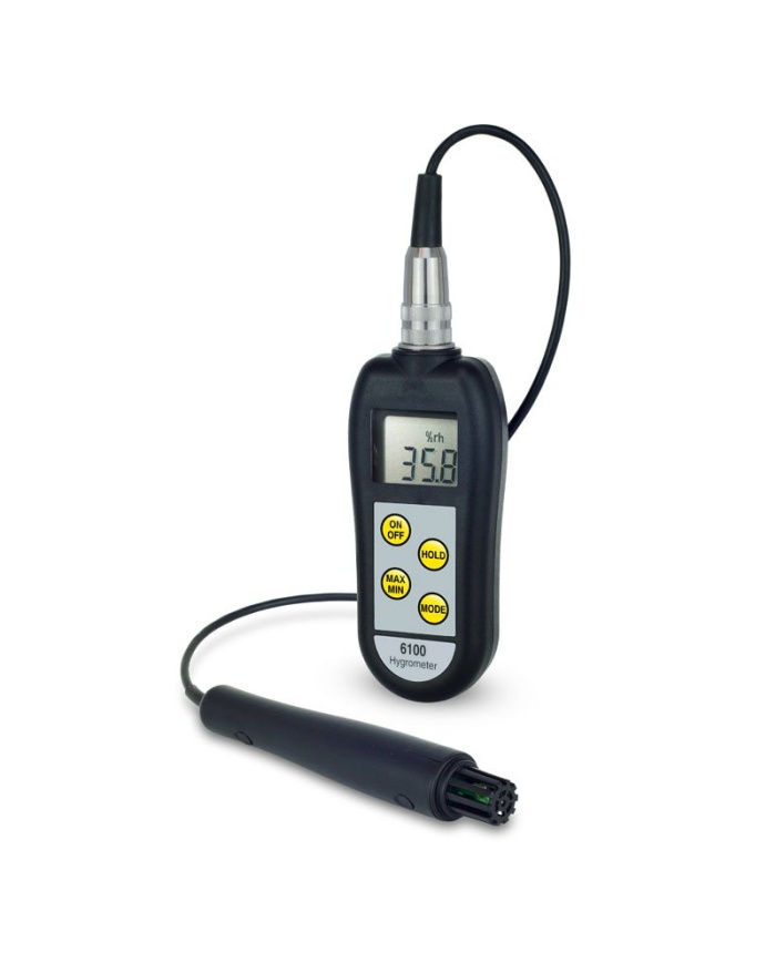 ETI Hygrometer %RH modell 6100. Visning antingen 0 till 100% RH, upplösning 0.1% RH eller temperatur -20 till 70°C. Mäter även daggpunkt. Givare på kabel