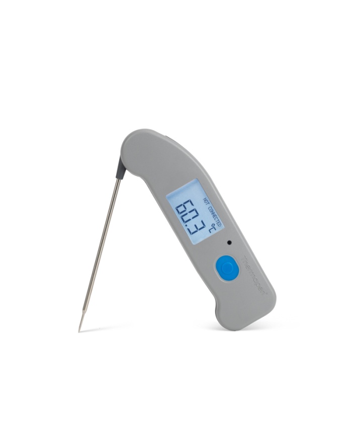 ETI Termometer Thermapen® ONE, utfällbar insticksnål och trådlös överföring via Bluetooth till kostnadsfri app i mobilen. Blå funktionsknapp.