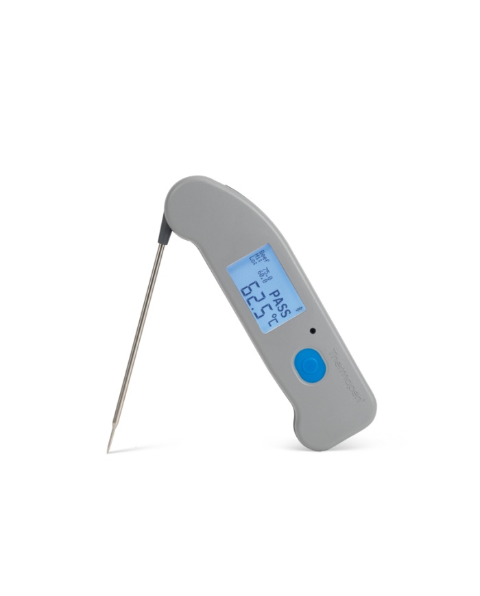 ETI Termometer Thermapen® ONE, utfällbar insticksnål och trådlös överföring via Bluetooth till kostnadsfri app i mobilen. Blå funktionsknapp.