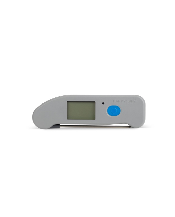 ETI Termometer Thermapen® ONE, utfällbar insticksnål och trådlös överföring via Bluetooth till kostnadsfri app i mobilen. Blå funktionsknapp.