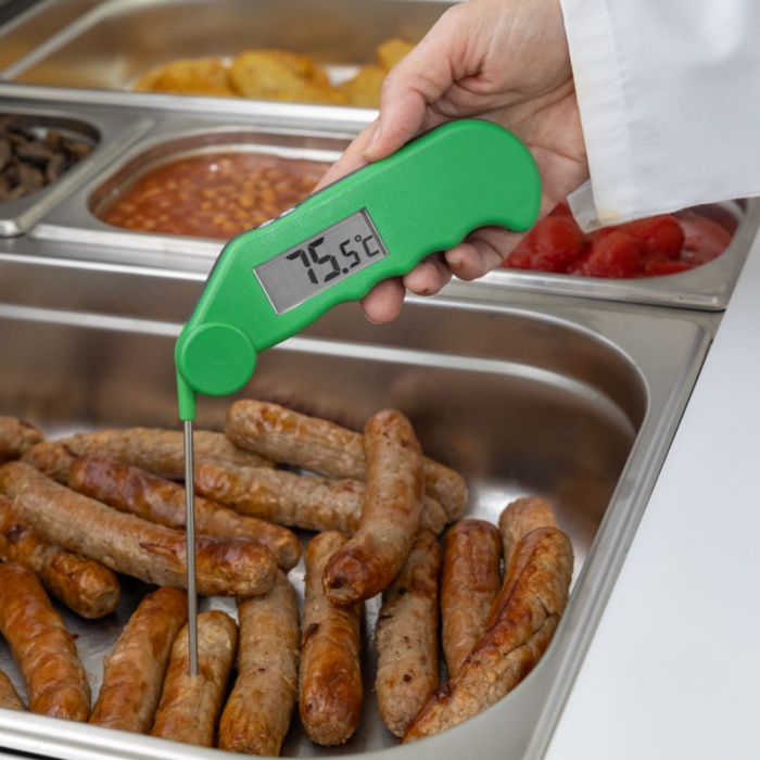 ETI Gourmet-termometer, infällbar nål, vattentålig med knapp för korrekt visning av 0°C i isbad - grön