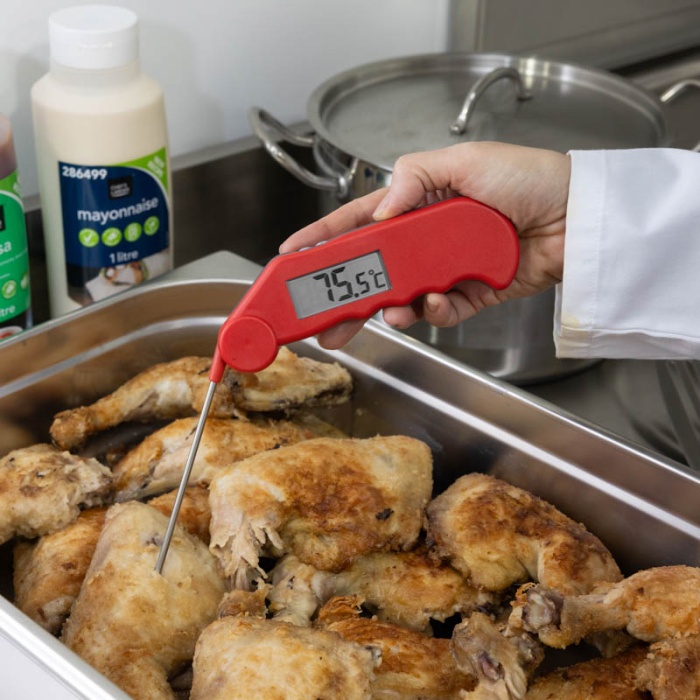 ETI Gourmet-termometer, infällbar nål, vattentålig med knapp för korrekt visning av 0°C i isbad - röd