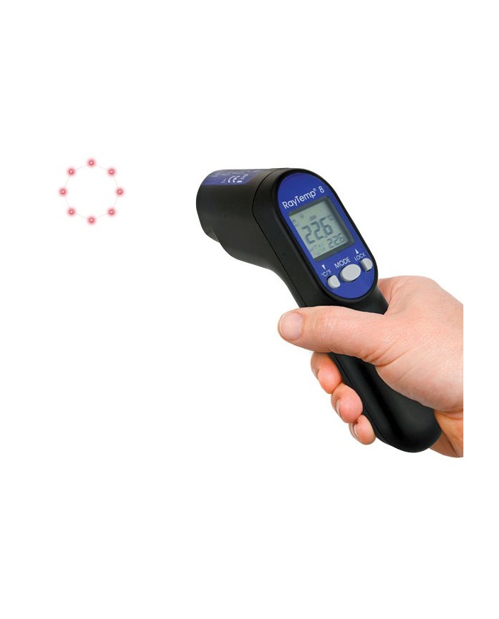 ETI RayTemp® 8 Infraröd termometer för temperaturer från -60 till +500°C. 12:1 avstånd:mätyta. Med uttag för givare termoelement typ K