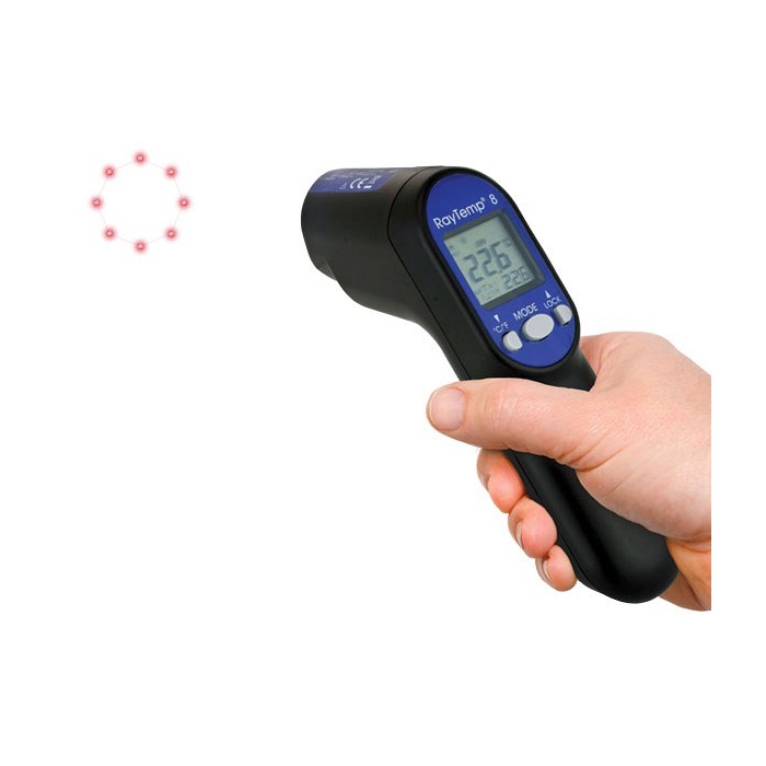 ETI RayTemp® 8 Infraröd termometer för temperaturer från -60 till +500°C. 12:1 avstånd:mätyta. Med uttag för givare termoelement typ K