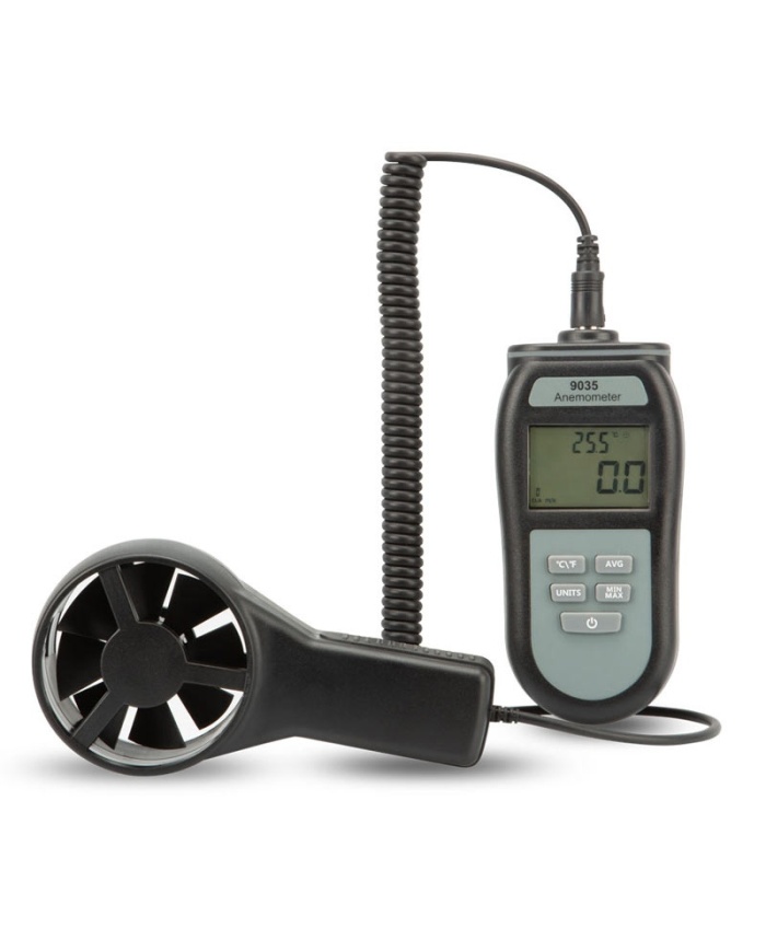 ETI Anemometer & termometer modell 9035, visar samtidigt lufthastighet och temperatur. Max & Min. Givaren är monterad på spiralkabel