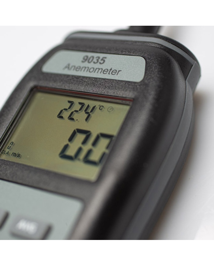 ETI Anemometer & termometer modell 9035, visar samtidigt lufthastighet och temperatur. Max & Min. Givaren är monterad på spiralkabel