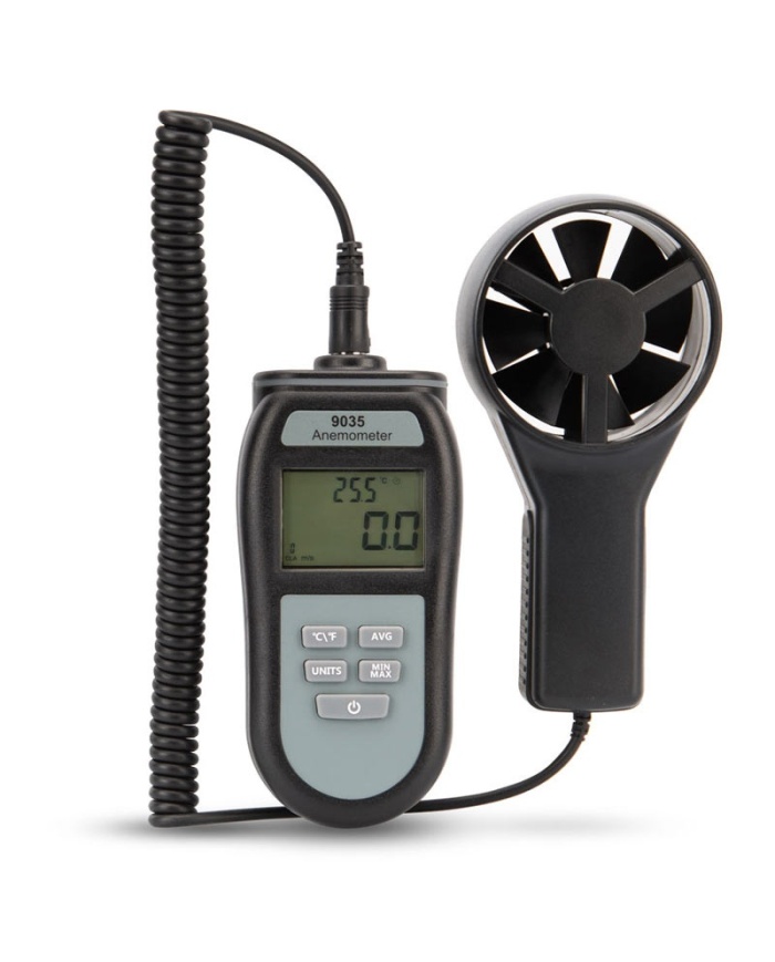 ETI Anemometer & termometer modell 9035, visar samtidigt lufthastighet och temperatur. Max & Min. Givaren är monterad på spiralkabel