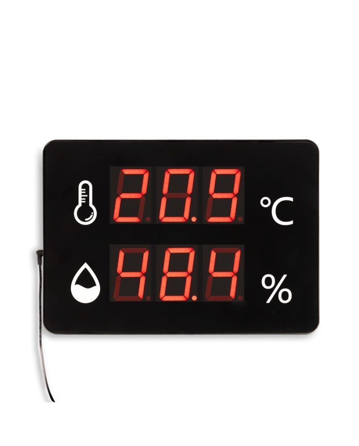 ETI Stor digital termometer och hygrometer för väggmontage i publika lokaler, som skolor och kontor. Mellanstorlek med måtten 30 x 280 x 390mm