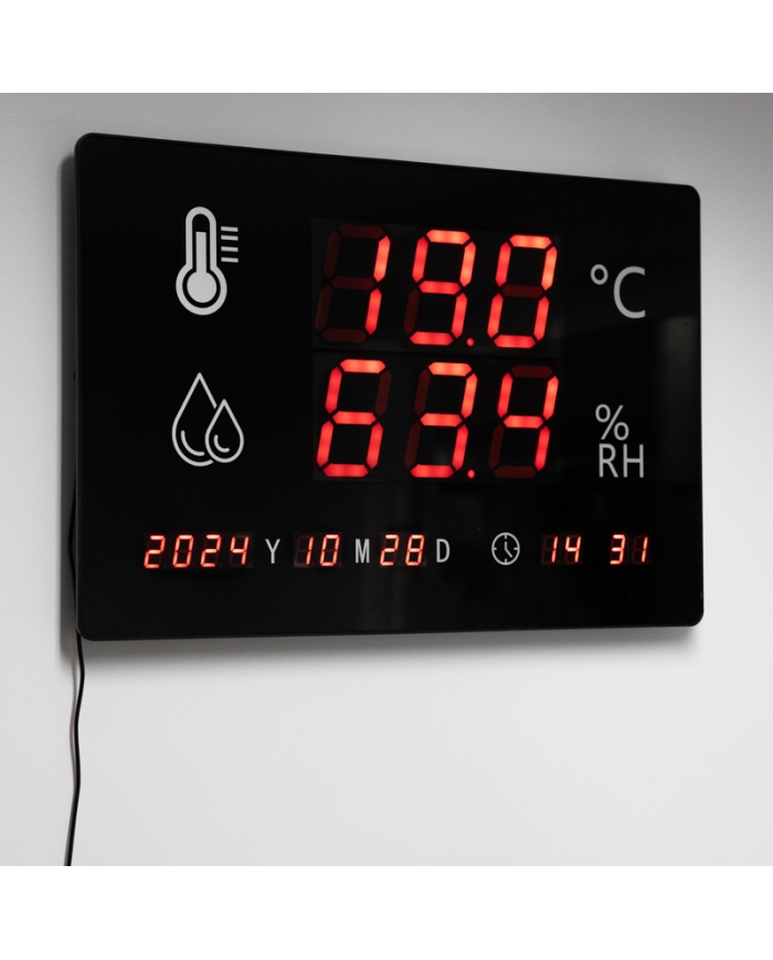 ETI Stor digital termometer och hygrometer för väggmontage i publika lokaler, som skolor och kontor. Största varianten med måtten 32 x 400 x 600mm